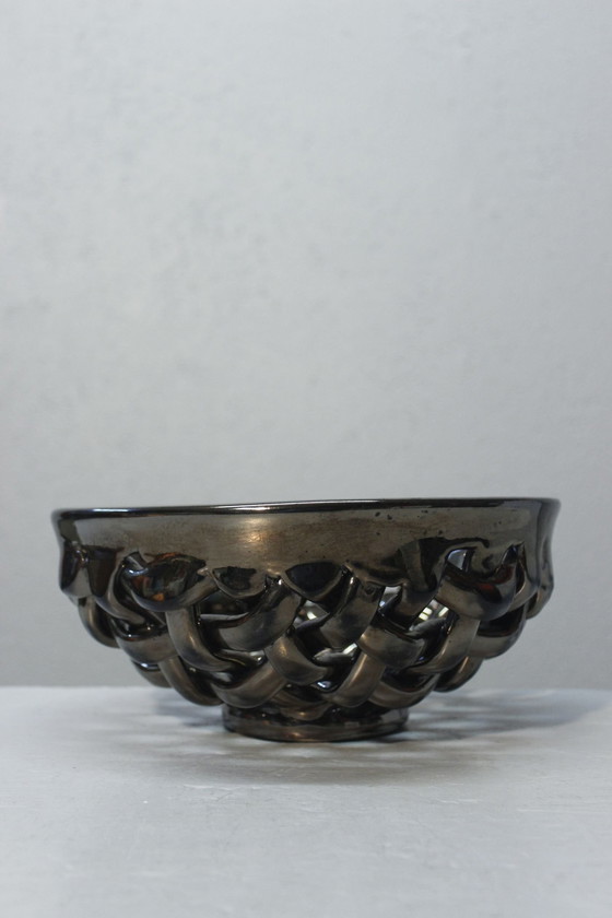 Image 1 of Coupe À Fruits Max Idlas Braided Ceramic Enamel Black Golden France Xxème