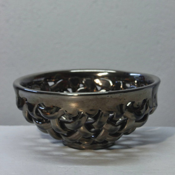 Image 1 of Coupe À Fruits Max Idlas Braided Ceramic Enamel Black Golden France Xxème