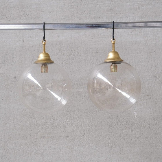 Image 1 of Vintage pendant lamps in clear glass and brass, Italy 1980