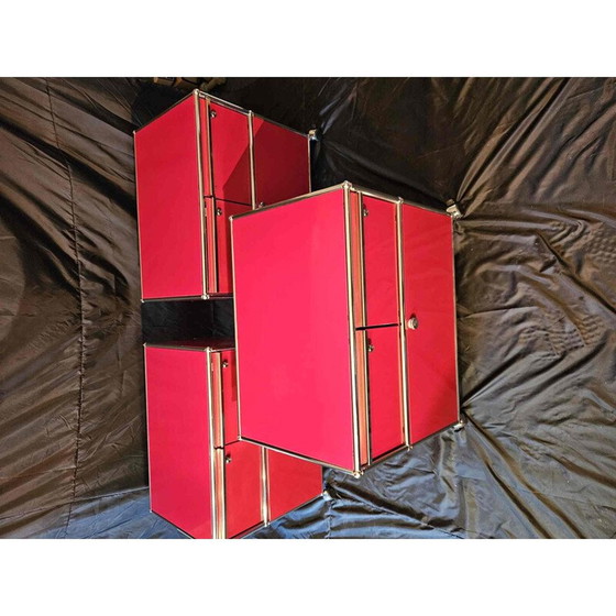 Image 1 of Set of 3 vintage red office pedestals on wheels for Usm Haller