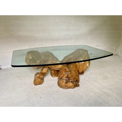 Vintage brutalist coffee table in wood and glass by Jean Yves Le Guyader