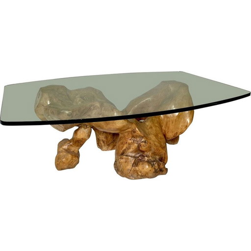 Vintage brutalist coffee table in wood and glass by Jean Yves Le Guyader