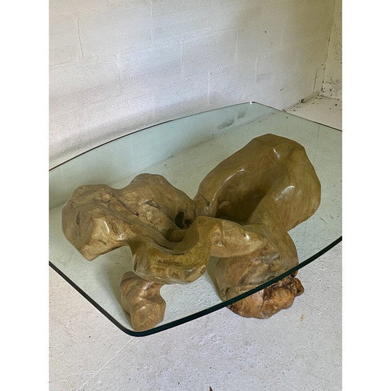 Image 1 of Vintage brutalist coffee table in wood and glass by Jean Yves Le Guyader