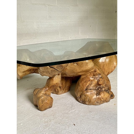 Image 1 of Vintage brutalist coffee table in wood and glass by Jean Yves Le Guyader