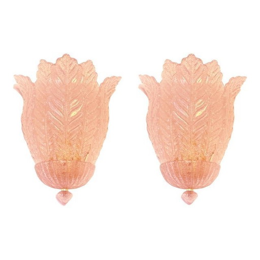 Contemporary Pink Murano Glass Leaf Wall Sconces - A Pair