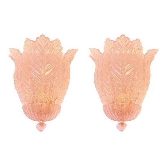 Image 1 of Contemporary Pink Murano Glass Leaf Wall Sconces - A Pair