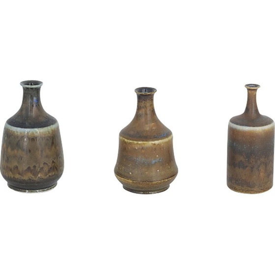 Image 1 of Set of 3 vintage earthy brown stoneware vases by Gunnar Borg for Höganäs Ceramics, Sweden 1960
