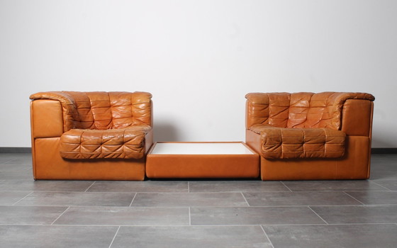 Image 1 of Lounge Set In Cognac Leather With Coffee Table By De Sede