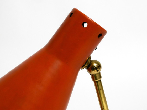 Image 1 of Rare Large Mid Century Modern Brass Table Lamp With Brick Red Shade