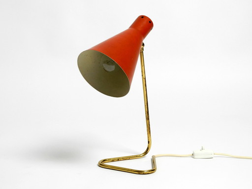 Rare Large Mid Century Modern Brass Table Lamp With Brick Red Shade