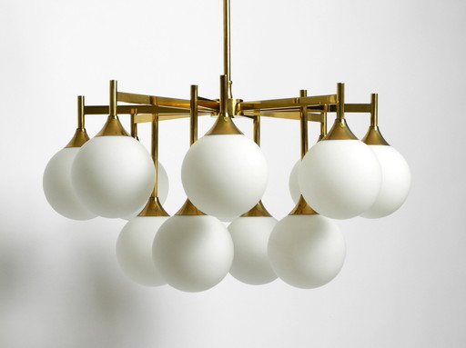 Large Beautiful Original 60S Space Age Kaiser Brass Ceiling Lamp With 12 White Glass Balls