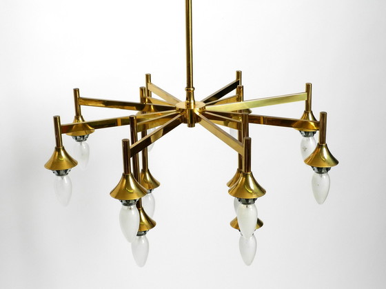 Image 1 of Large Beautiful Original 60S Space Age Kaiser Brass Ceiling Lamp With 12 White Glass Balls