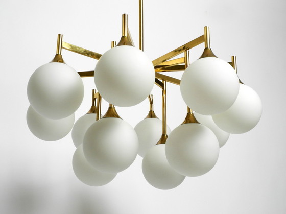 Image 1 of Large Beautiful Original 60S Space Age Kaiser Brass Ceiling Lamp With 12 White Glass Balls