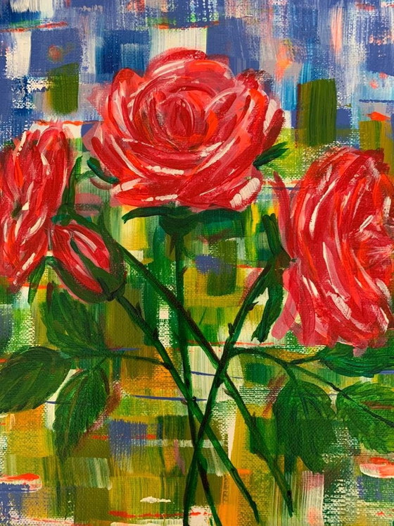 Image 1 of Acrylic on panel 30X40 Cm - Hand signed - Rose