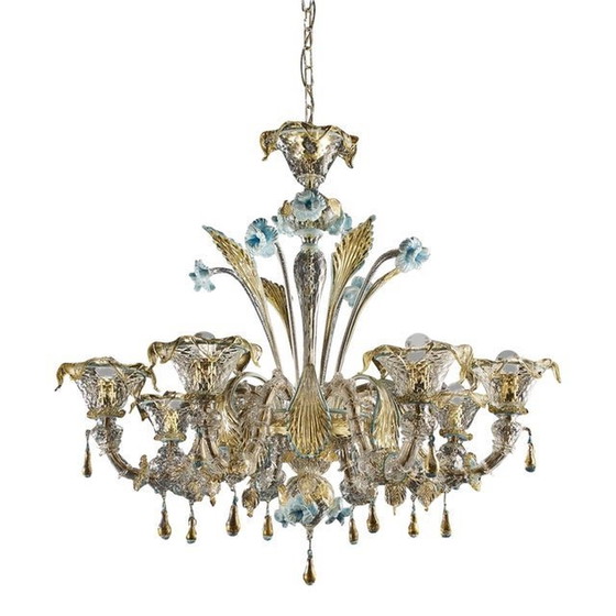 Image 1 of Contemporary Venetian Transparent-Gold Murano Glass Chandelier With Leaves And Turquoise Flowers