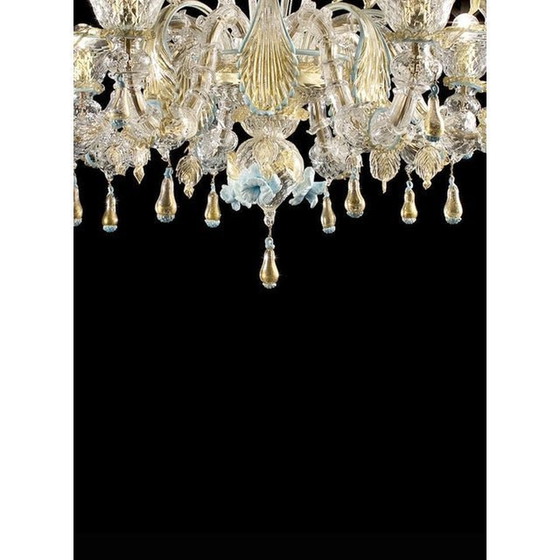 Image 1 of Contemporary Venetian Transparent-Gold Murano Glass Chandelier With Leaves And Turquoise Flowers