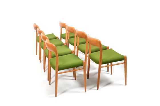 Image 1 of Set of 8 dining chairs in solid oak by Niels O. Møller. Model no.75. Seats in green Kvadrat wool fabric. Produced by J.L. Mølle