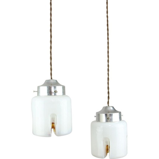Pair of vintage chrome and glass pendant lamp