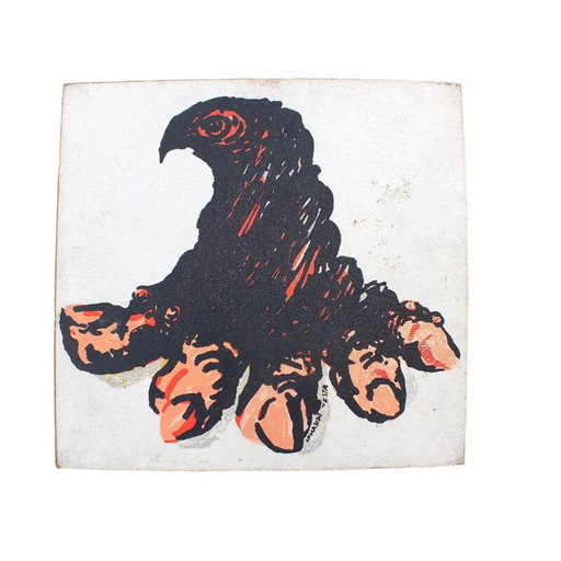 Vintage silk screen print of an eagle suffering from arthritis by Armando Testa for Fraire, Italy 1980