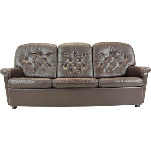 Vintage three-seat leather sofa, Czechoslovakia 1970s