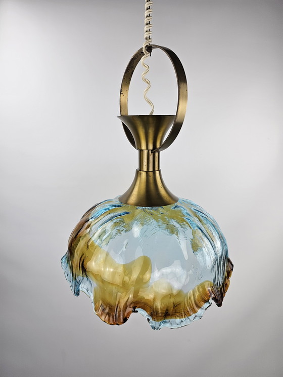 Image 1 of Italian thick glass hanging lamp with brass fixture