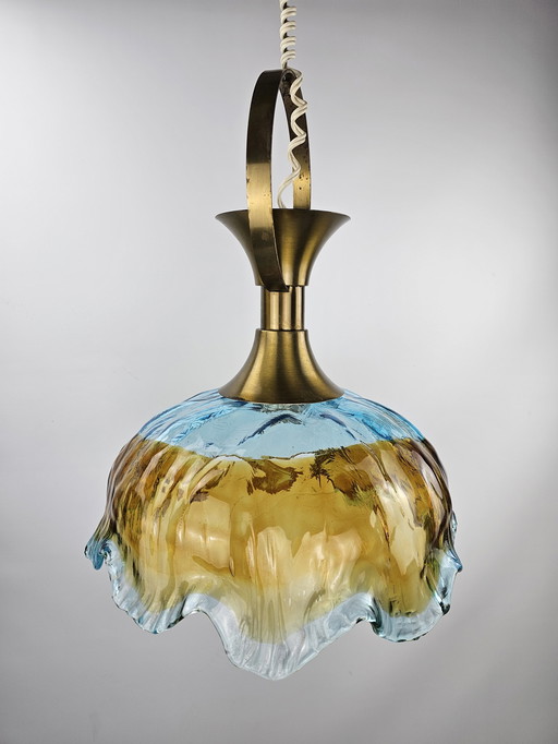 Italian thick glass hanging lamp with brass fixture