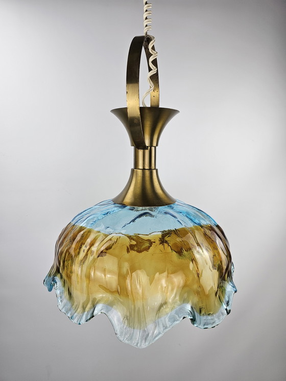 Image 1 of Italian thick glass hanging lamp with brass fixture