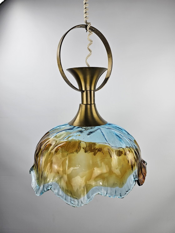 Image 1 of Italian thick glass hanging lamp with brass fixture