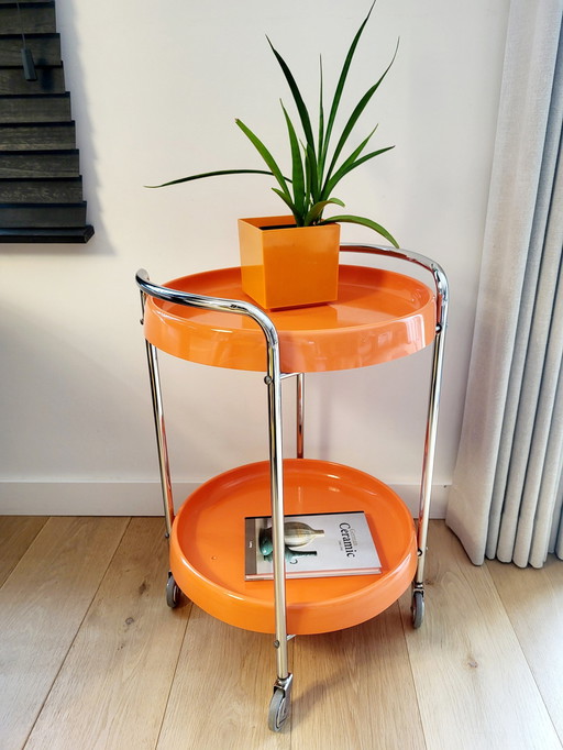 Space Age Trolley Or Serving Cart, Orange, Plastic And Chrome, 1970s