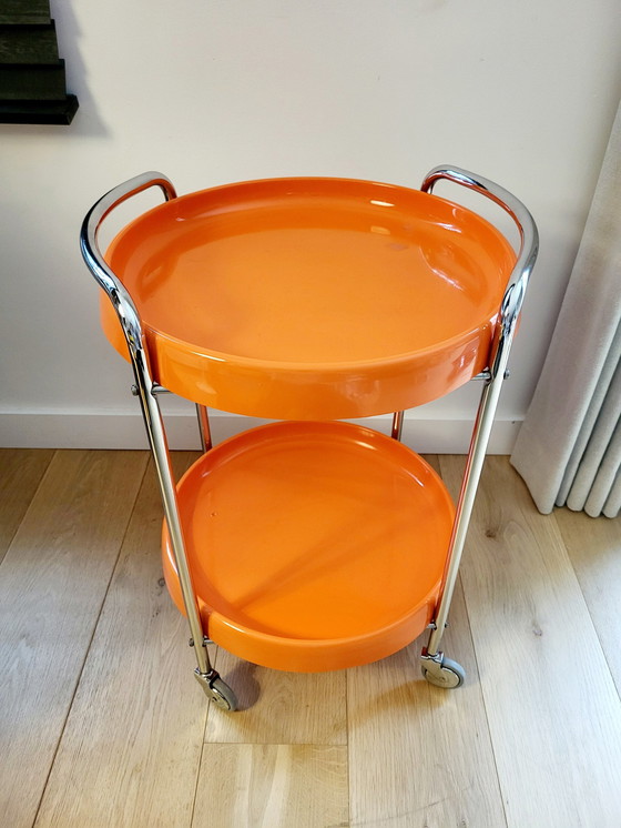 Image 1 of Space Age Trolley Or Serving Cart, Orange, Plastic And Chrome, 1970s