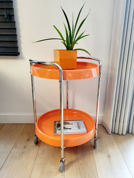 Image 1 of Space Age Trolley Or Serving Cart, Orange, Plastic And Chrome, 1970s