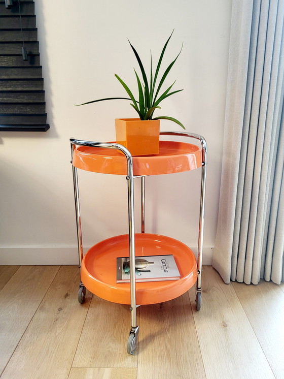 Image 1 of Space Age Trolley Or Serving Cart, Orange, Plastic And Chrome, 1970s