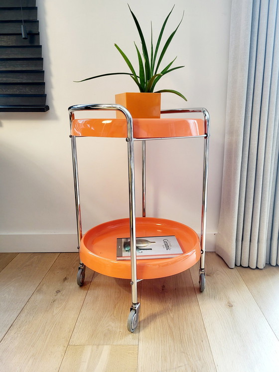 Image 1 of Space Age Trolley Or Serving Cart, Orange, Plastic And Chrome, 1970s