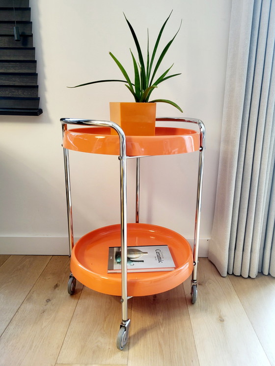 Image 1 of Space Age Trolley Or Serving Cart, Orange, Plastic And Chrome, 1970s