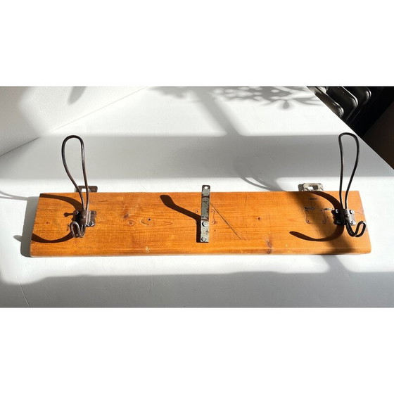 Image 1 of Vintage school coat rack in wood and steel with 3 hooks