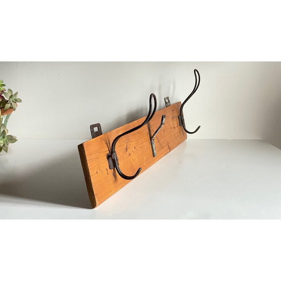 Image 1 of Vintage school coat rack in wood and steel with 3 hooks