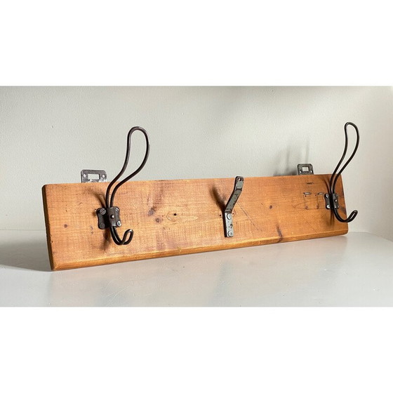 Image 1 of Vintage school coat rack in wood and steel with 3 hooks