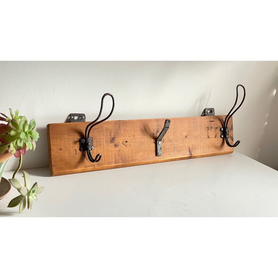 Image 1 of Vintage school coat rack in wood and steel with 3 hooks