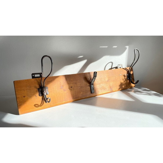 Image 1 of Vintage school coat rack in wood and steel with 3 hooks