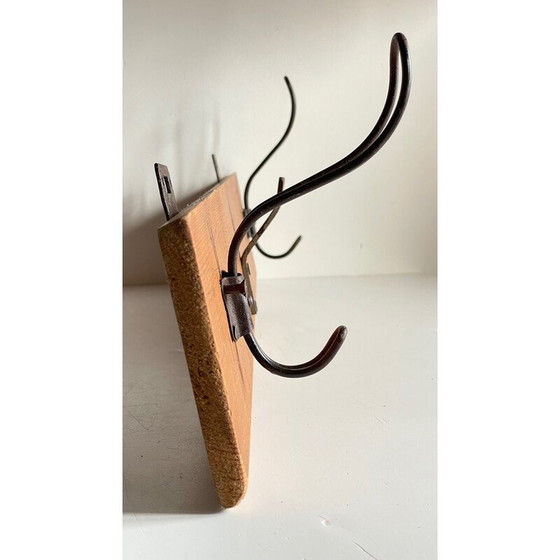 Image 1 of Vintage school coat rack in wood and steel with 3 hooks