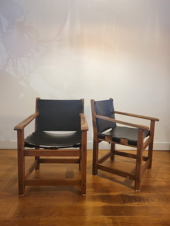 Image 1 of Brutalist Arm Chairs In Oak And Saddle Leather 1960