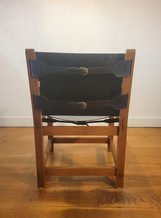 Image 1 of Brutalist Arm Chairs In Oak And Saddle Leather 1960