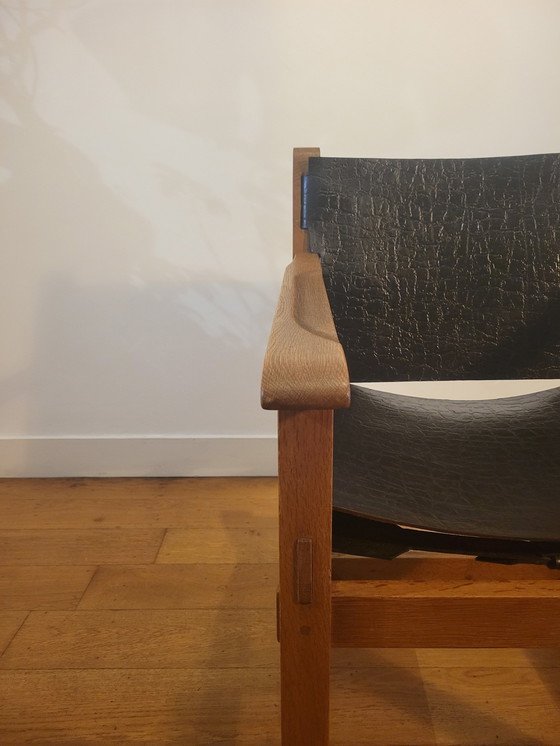 Image 1 of Brutalist Arm Chairs In Oak And Saddle Leather 1960