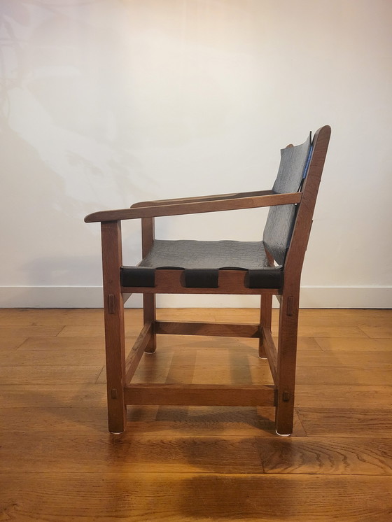 Image 1 of Brutalist Arm Chairs In Oak And Saddle Leather 1960