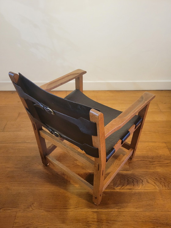 Image 1 of Brutalist Arm Chairs In Oak And Saddle Leather 1960