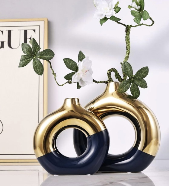 Image 1 of Gold And Navy Blue Ceramic Vases