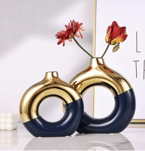 Image 1 of Gold And Navy Blue Ceramic Vases