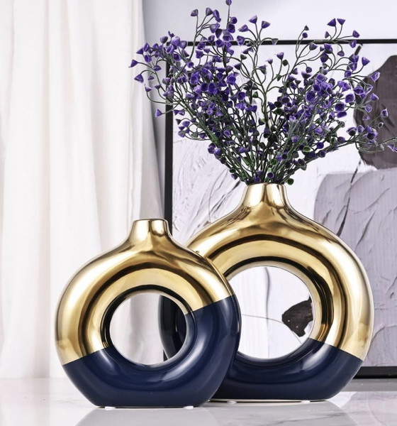 Image 1 of Gold And Navy Blue Ceramic Vases