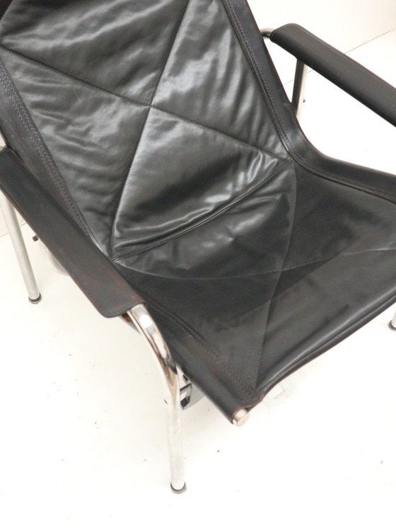 Image 1 of 2X Vintage Black Leather Armchair By Strässle He1106 Designed By Hans Eichenberger