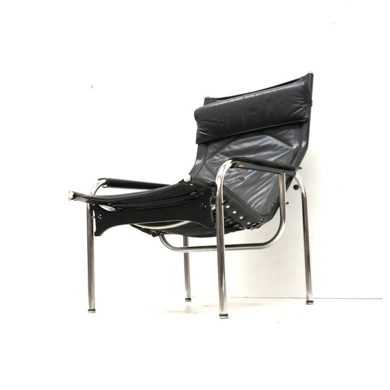 Image 1 of 2X Vintage Black Leather Armchair By Strässle He1106 Designed By Hans Eichenberger
